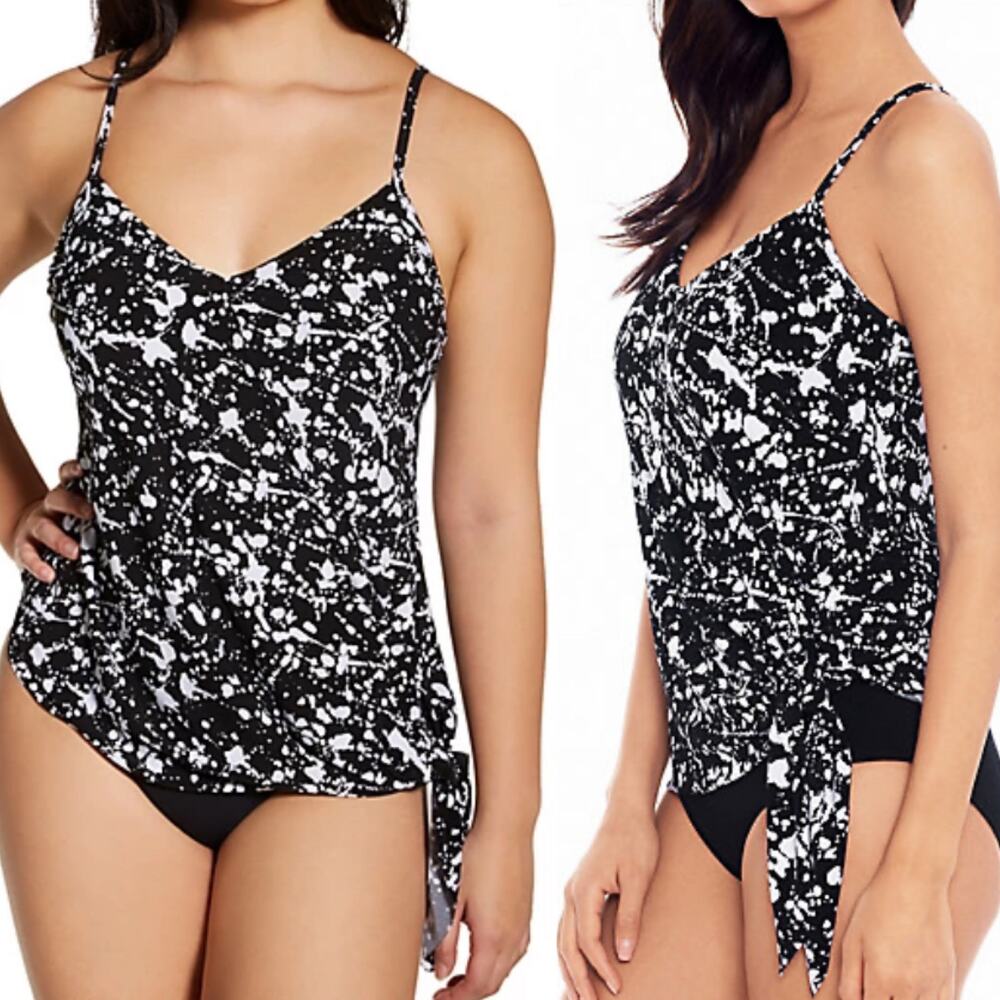 MagicSuit Alex Tankini Swim Top Side Tie V Neck Splatter Print Black White 12
